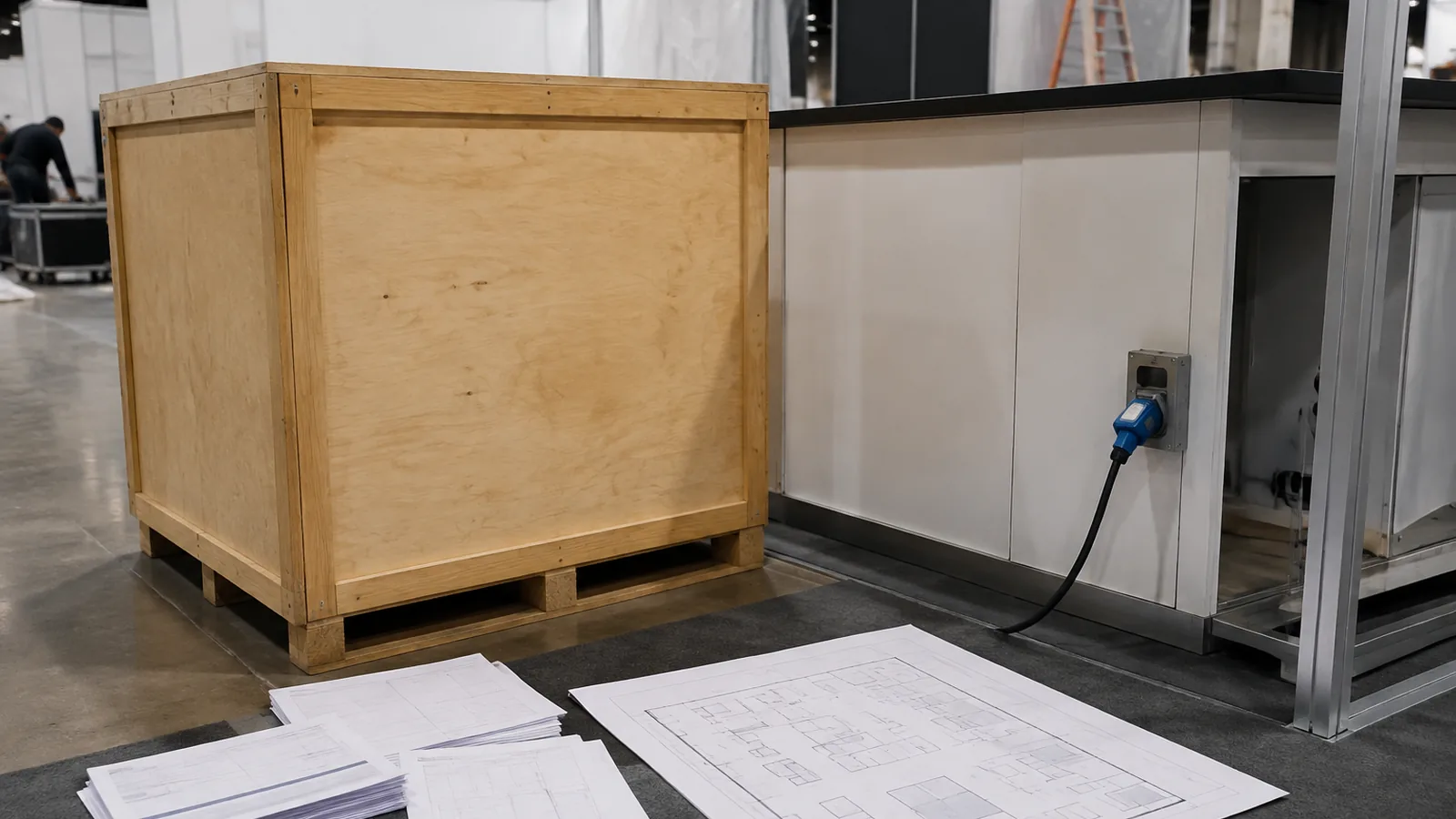 Shipping crate and blank service planning papers during booth setup
