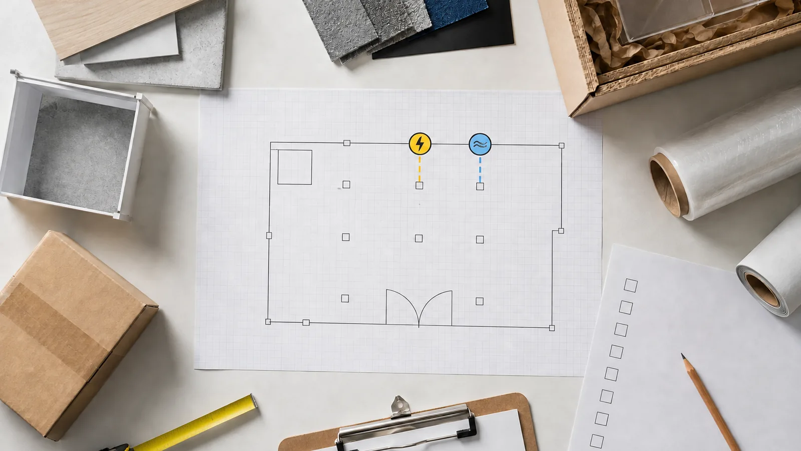 Trade show booth planning desk with footprint drawing and utility symbols