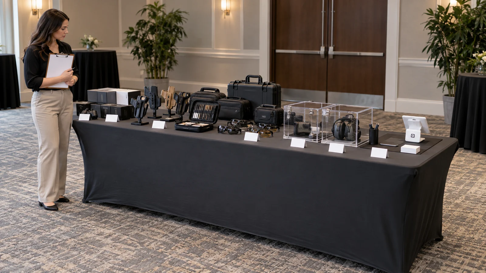 Eight-foot vendor table with grouped accessories, locked cases, and a clear payment area