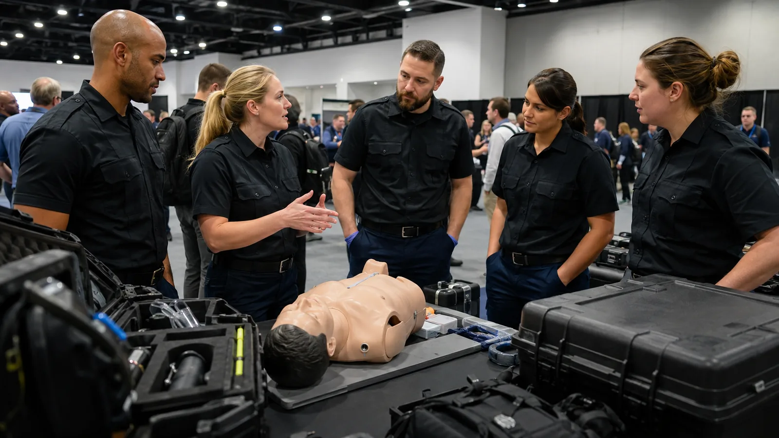 EMS professionals evaluating training equipment in a generic exhibit environment