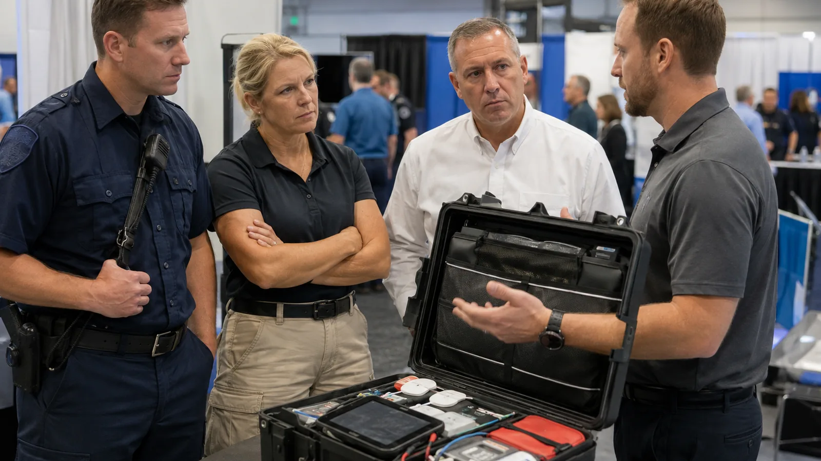 Field, training, and operations visitors discussing a rugged EMS kit