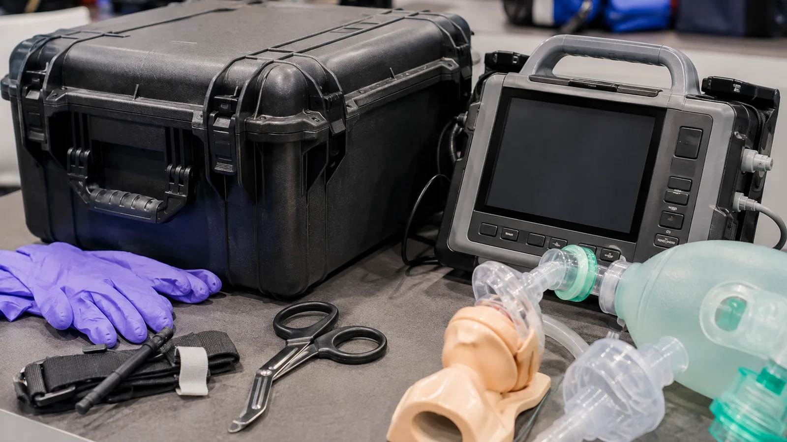 Rugged EMS training equipment arranged on an exhibit counter