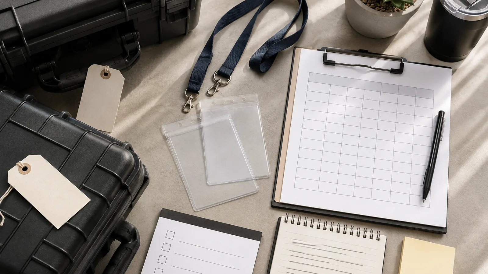 EMS exhibitor planning desk with badges, cases, schedule grid, and checklist
