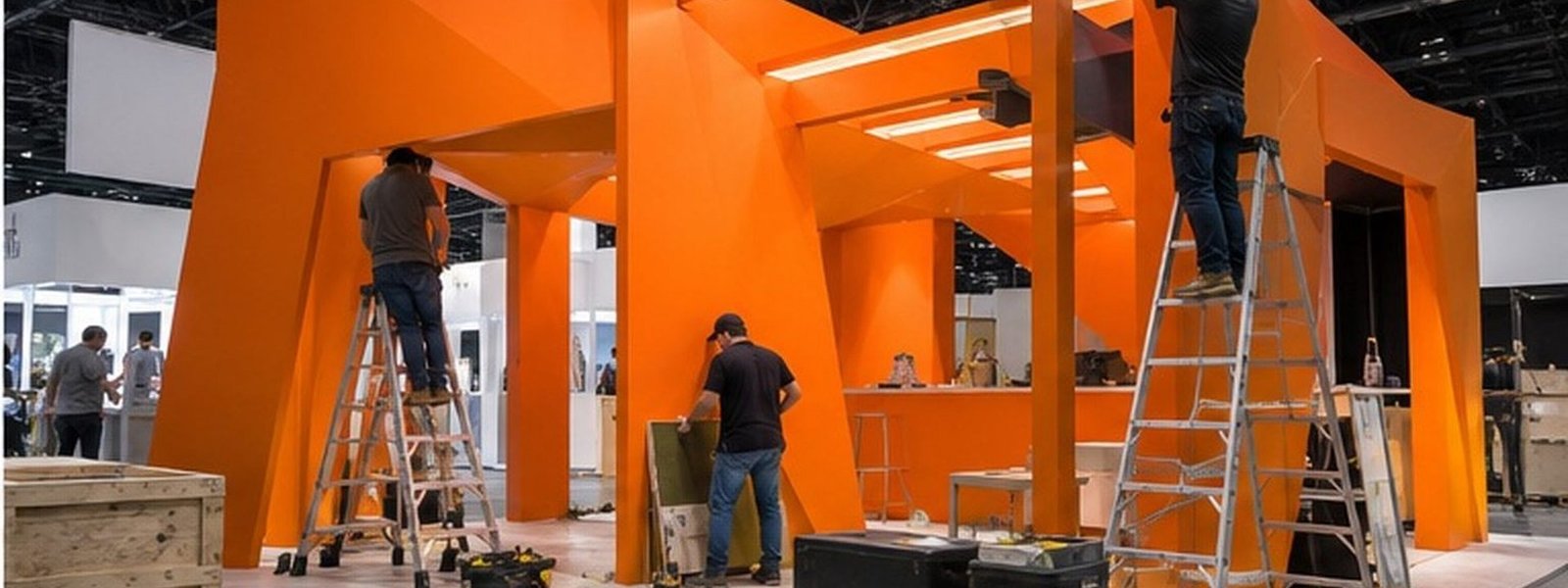 equip exposition booth rental trade show booth planning team in a modern convention hall
