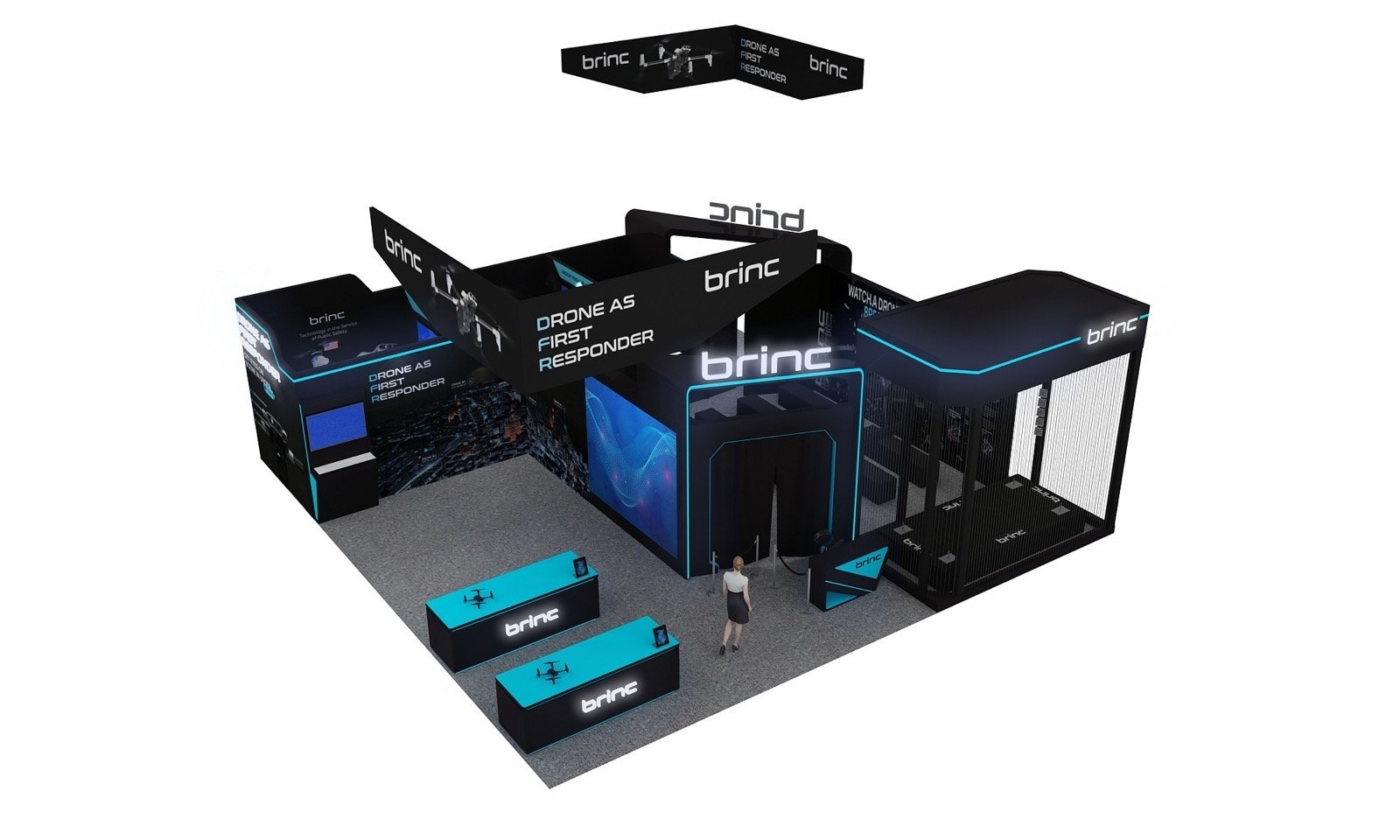 BRINC 40 x 40 booth rendering with high-level brand frames and cyan accents