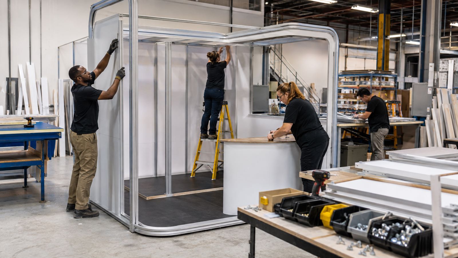 Trade show booth components being fabricated from an approved exhibit design