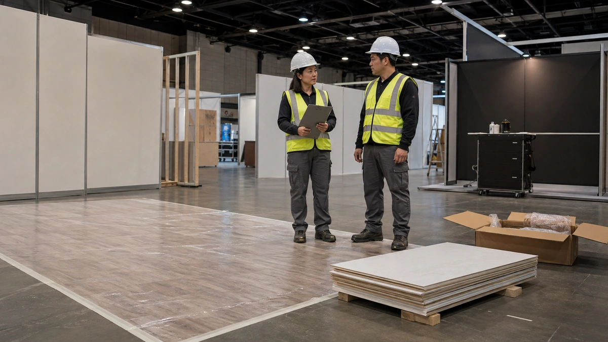 Illustrative Chinese installation team reviewing floor preparation beside protective covering and stacked panels.