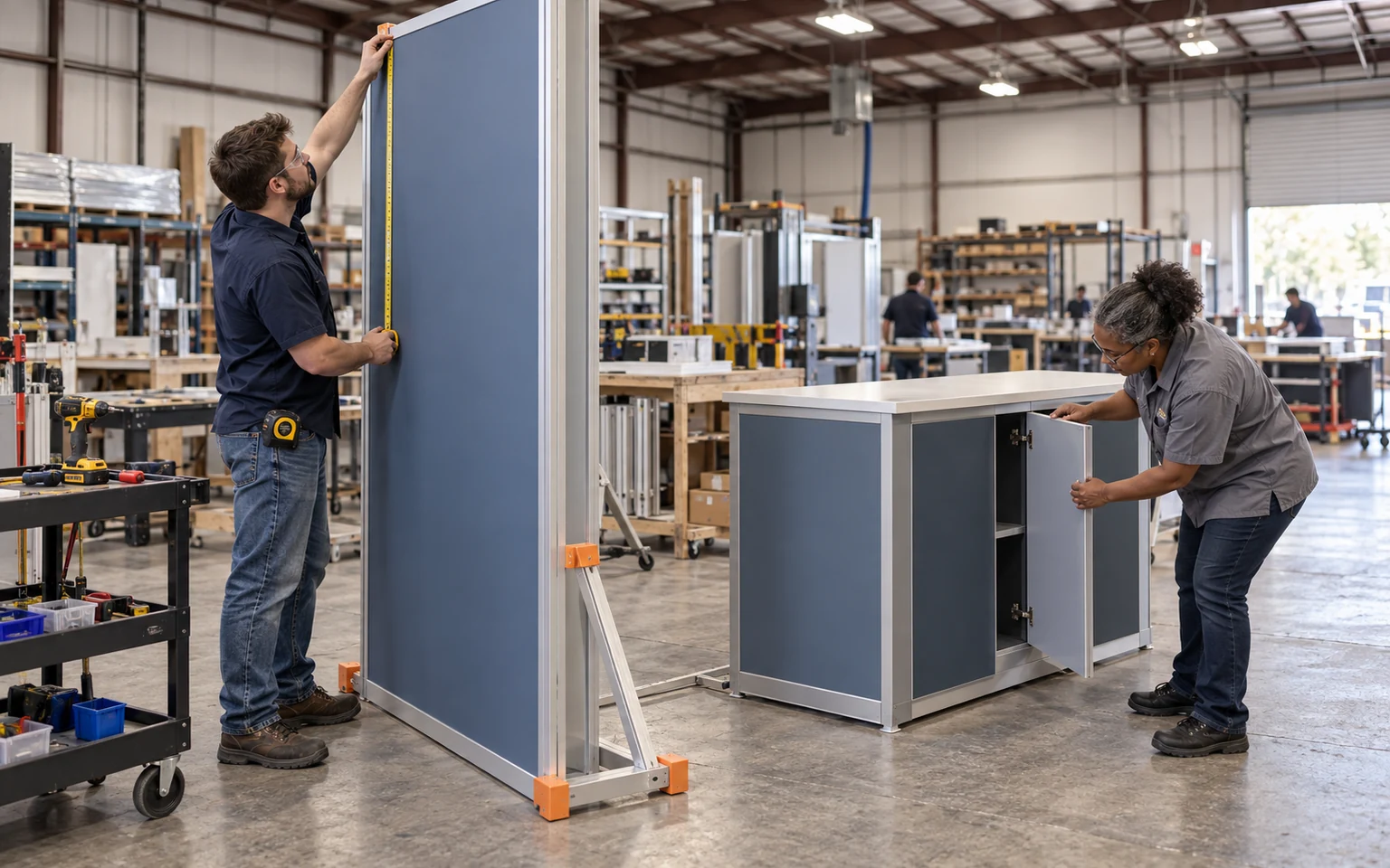 Technicians preassembling a Baltimore booth wall and counter before packing
