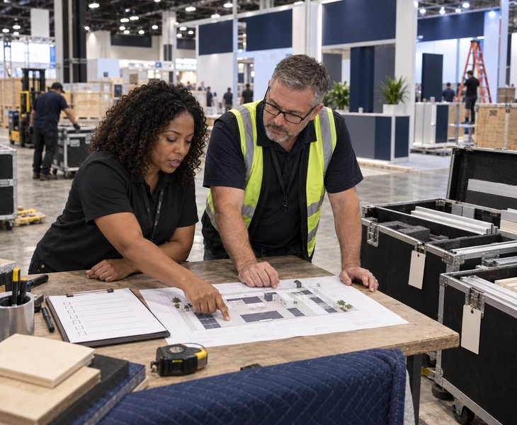 Exhibit team coordinating Baltimore approval plans and freight cases on one schedule