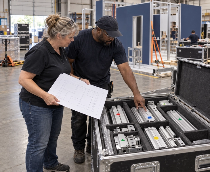 Baltimore booth drawing checked against modular parts packed in a flight case