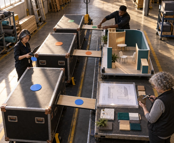 Exhibit team aligning Baltimore booth approval details with freight cases and a scale model