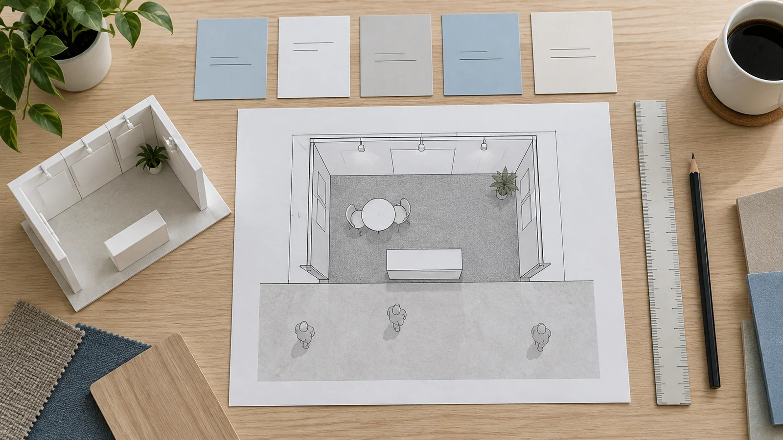 Booth layout drawing and planning cards used to review rules and deadlines.