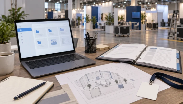 Exhibitor planning desk with a service portal, manual and booth floor plan.