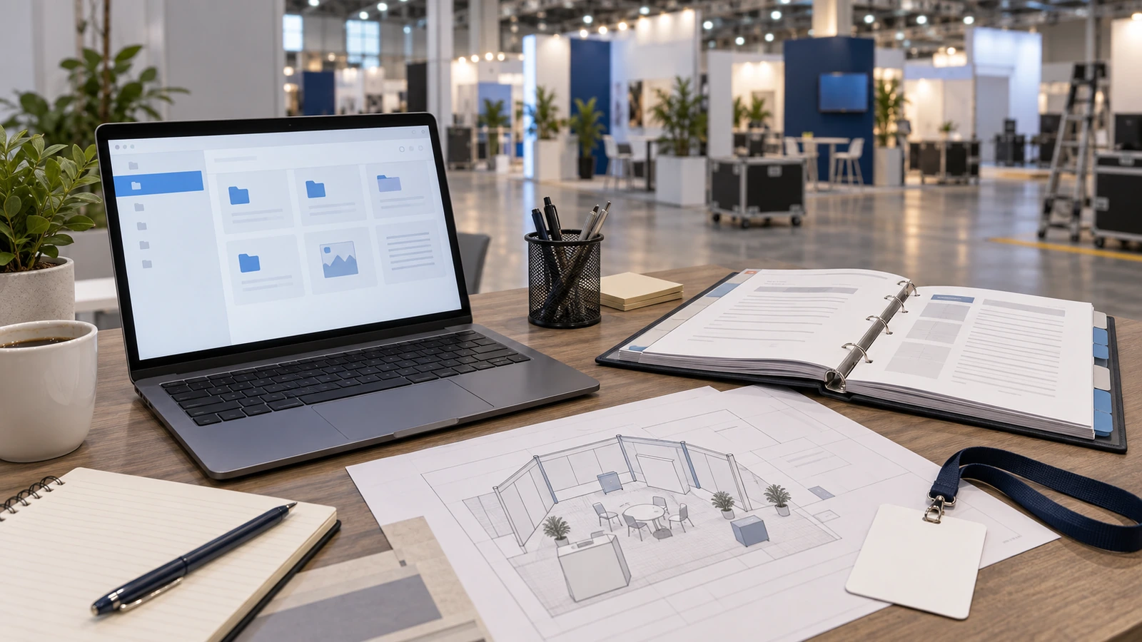 Exhibitor planning desk with a service portal, manual and booth floor plan.