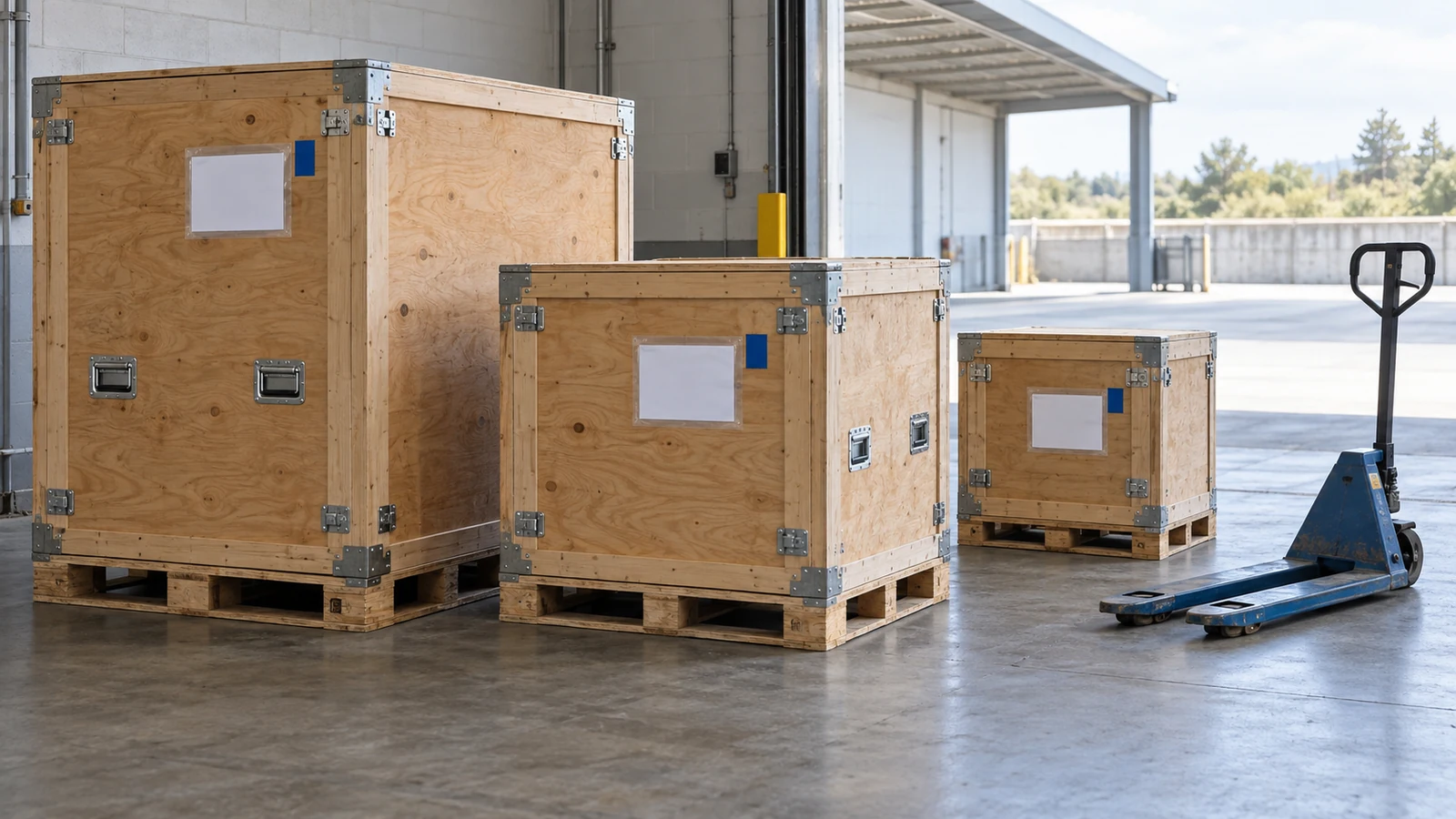 Labeled exhibition crates prepared for a planned receiving and delivery route.