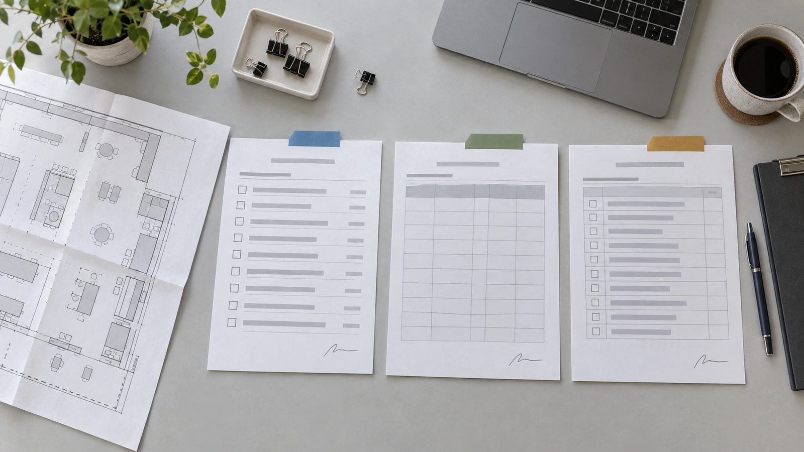 Booth plan, task records and order confirmations arranged for a team handover.