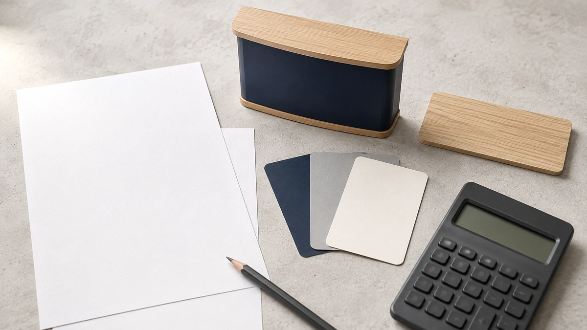 Illustrative budget-planning still life with a miniature counter, finish samples, blank sheets, and a calculator.