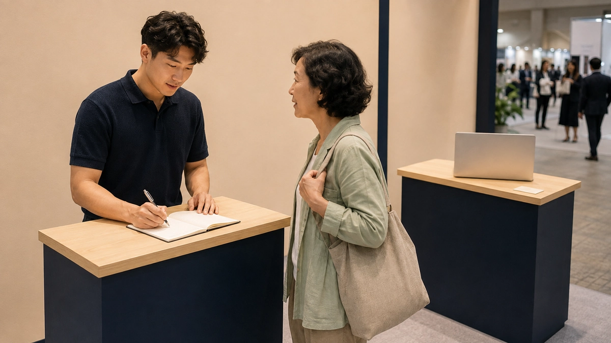 Illustrative booth host checking an appointment notebook beside an available demo station.