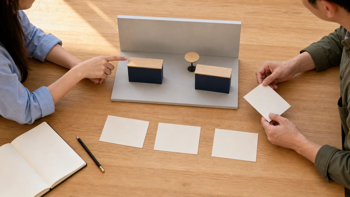 Illustrative planning workshop with two colleagues, a two-counter booth model, and blank scenario cards.