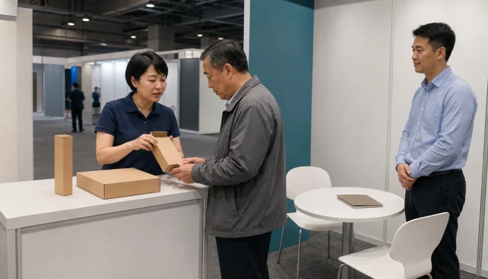 Illustrative packaging sample demonstration beside a trade show discussion table.
