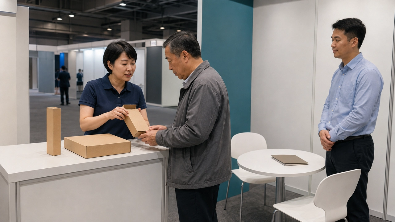 Illustrative packaging sample demonstration beside a trade show discussion table.