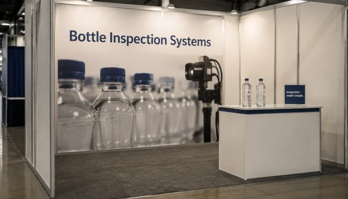 Illustrative small booth concept with a bottle inspection headline, product image and sample counter.