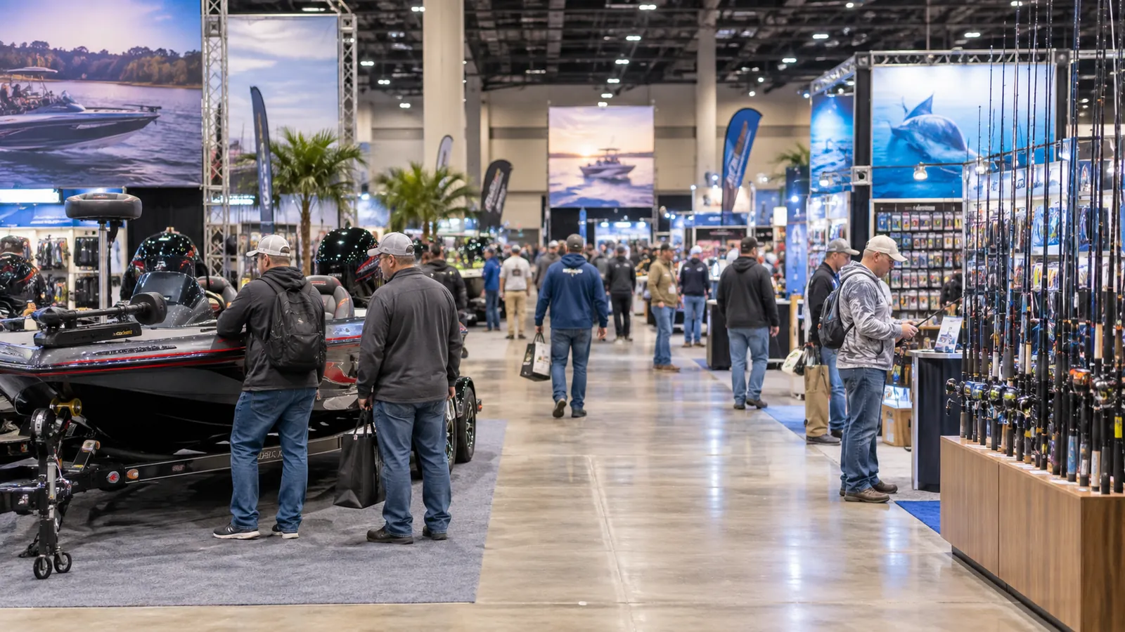 Illustrative generic indoor fishing expo hall scene; not an exact event claim.