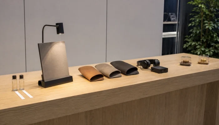 Illustrative display of product samples for sight, touch, sound, smell, and taste.