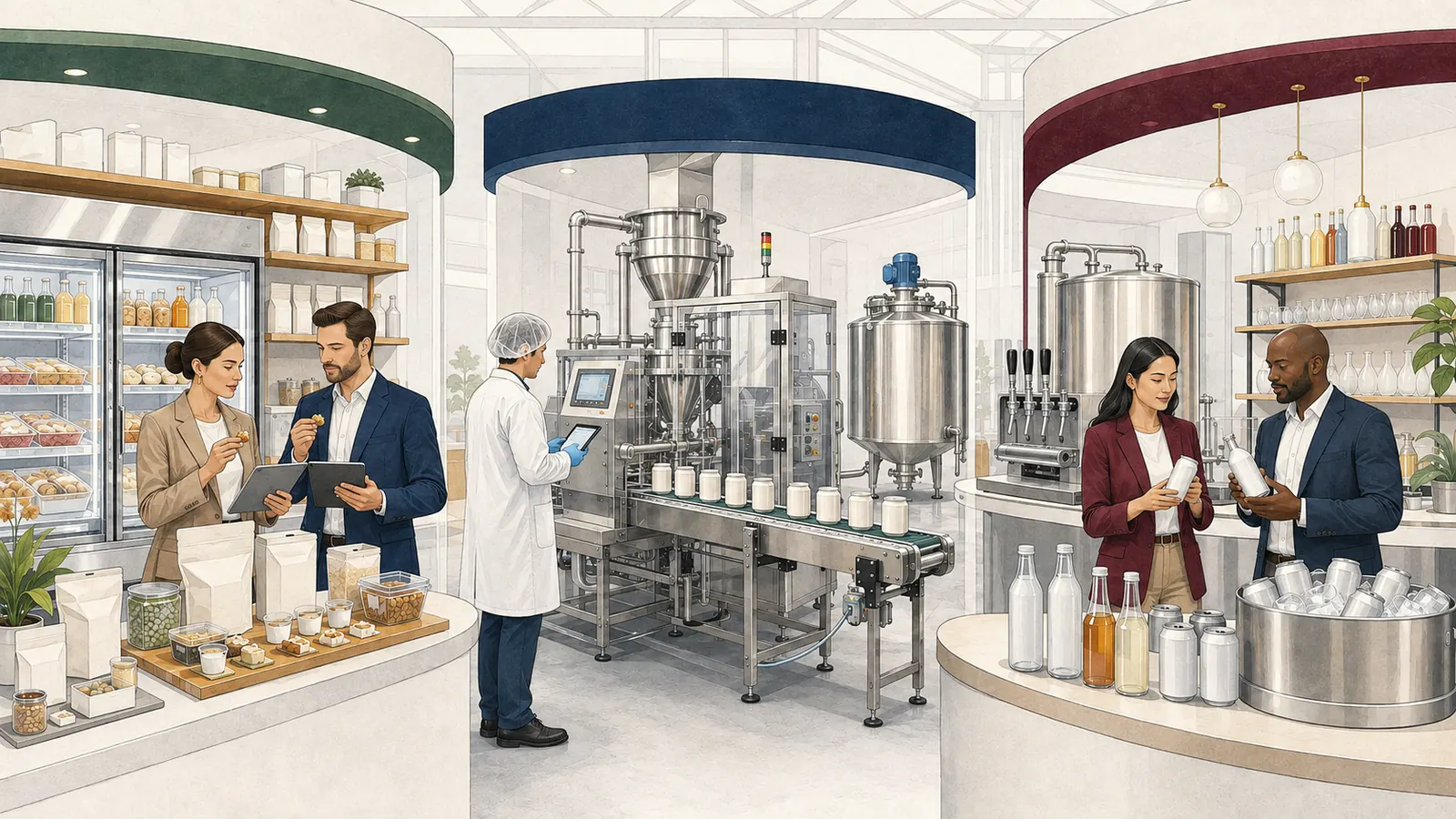 Editorial illustration of food retail discovery, food processing equipment, and beverage industry trade show zones