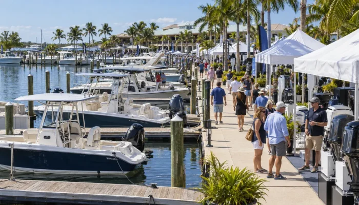 Illustrative waterfront boat show with marina and outdoor exhibition areas
