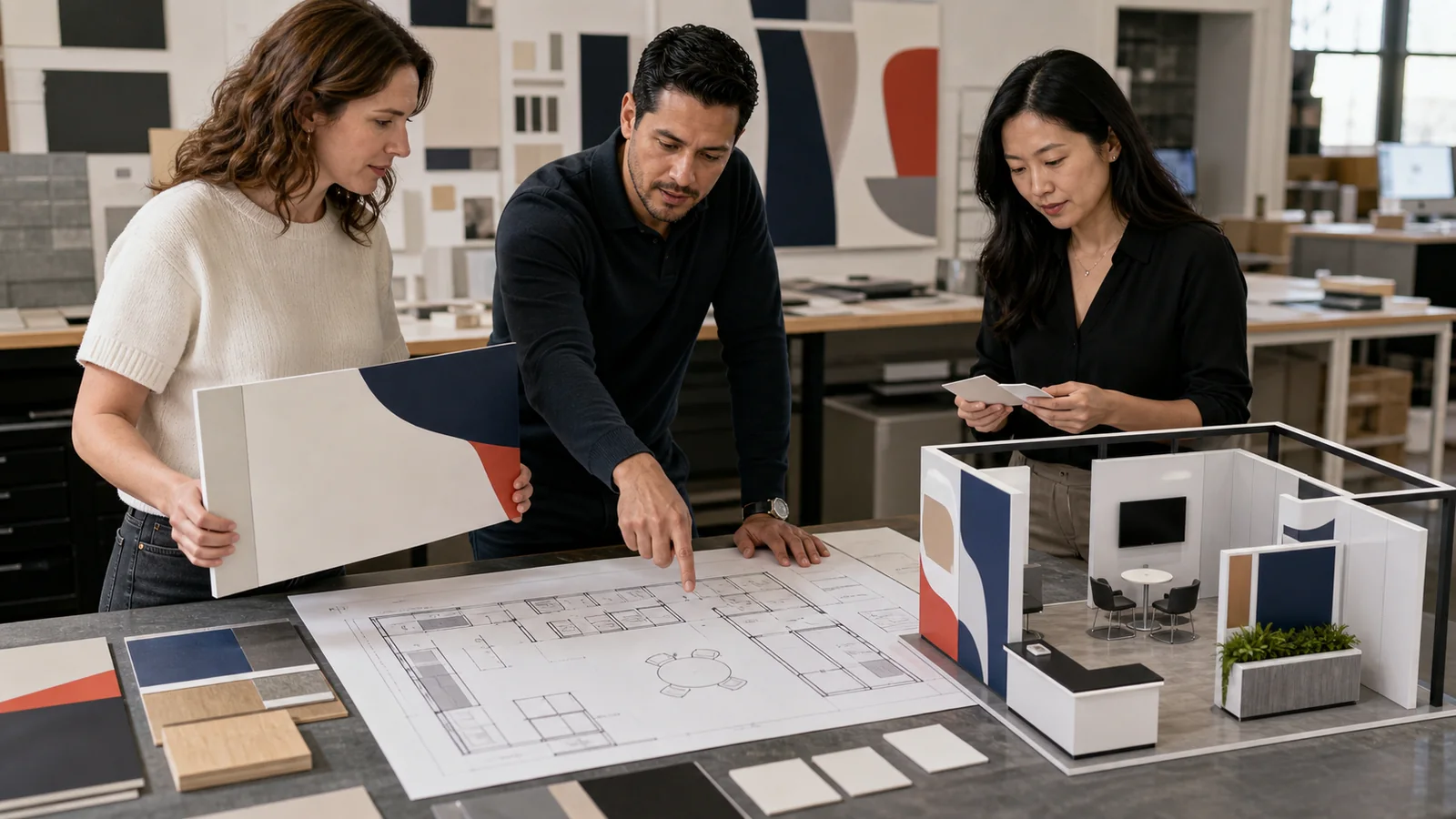 Franchise brand and exhibit team reviewing a compliant booth brief