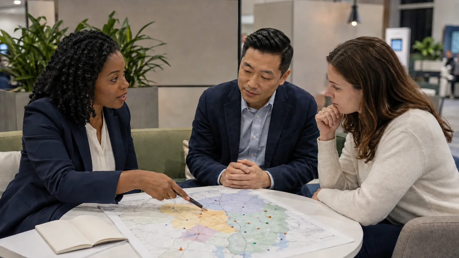 Franchise development team reviewing territory fit with a prospective operator