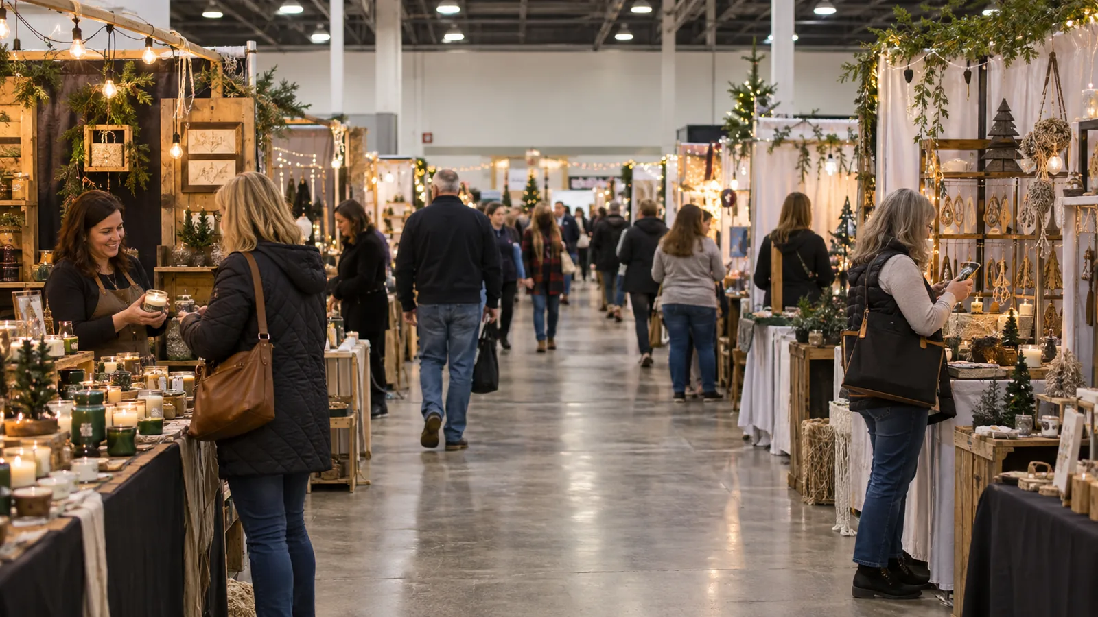 Shoppers browsing giftable products at an indoor holiday craft show