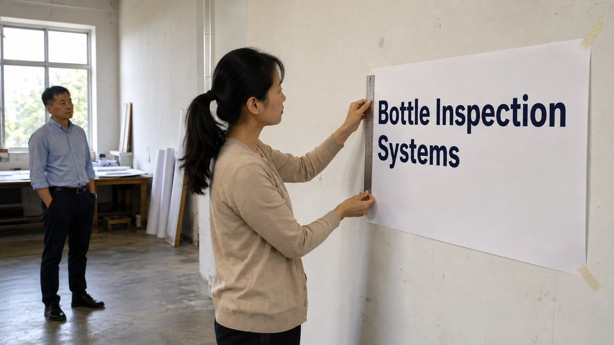 Illustrative studio scene of two Chinese exhibit staff checking a full-size headline print with a ruler and from a distance.