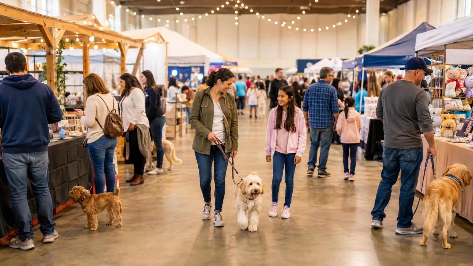 Pet owners and families walking through a generic community pet marketplace