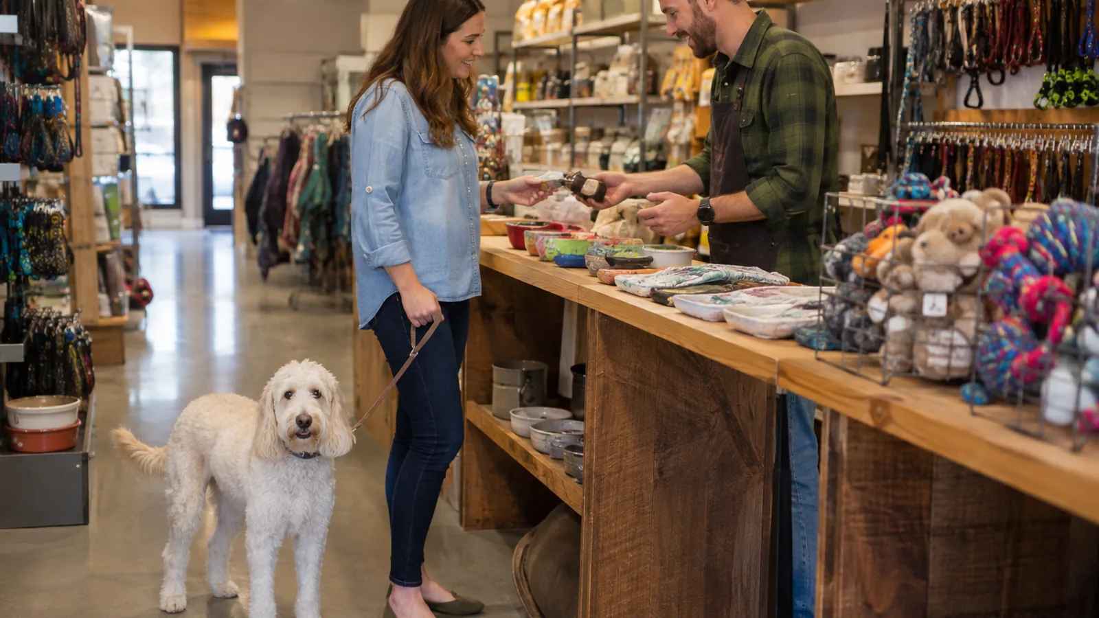Pet owner and vendor discussing an unbranded product with a leashed dog