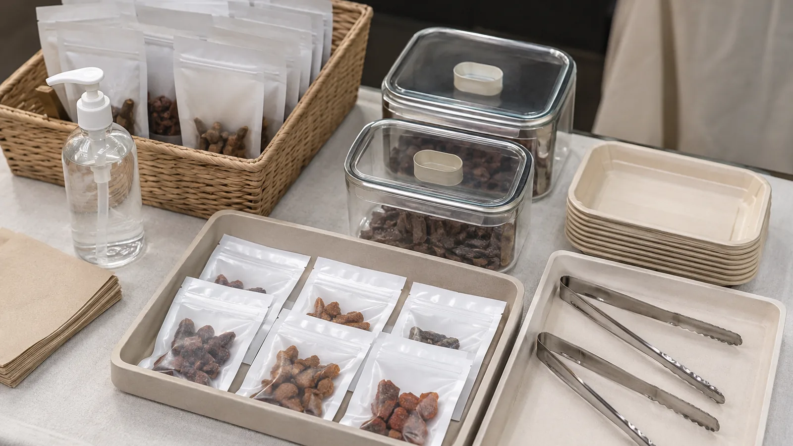 Sealed pet treat samples arranged with covered containers and clean tongs