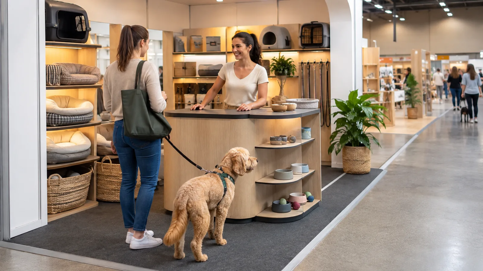 Small pet vendor booth with a wide safe aisle for leashed dogs