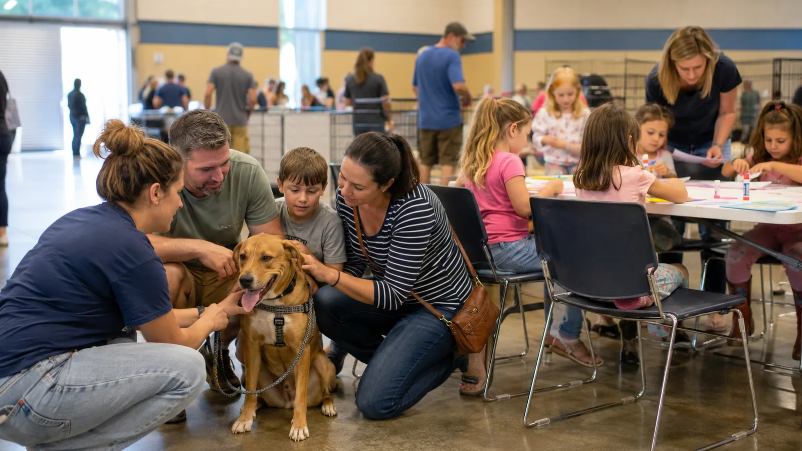 Rescue volunteer introducing a dog near a supervised family activity