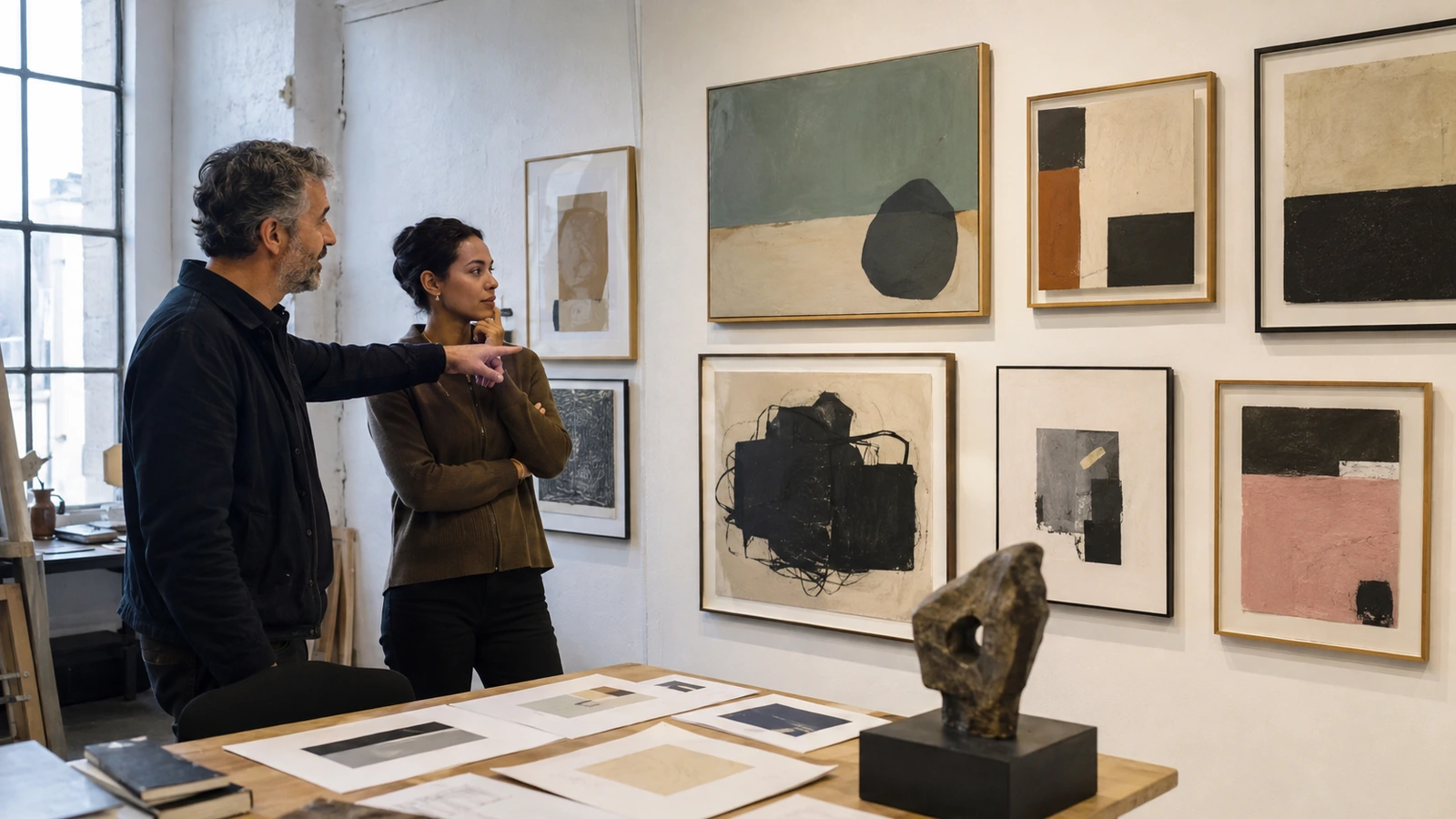 Gallery director and curator reviewing artwork media, scale, and fit for an art fair application