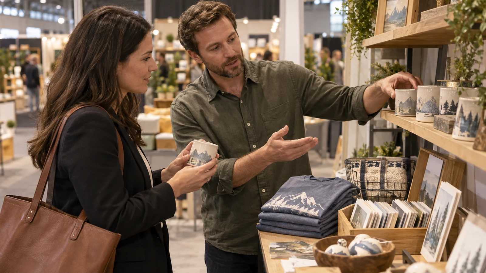 Retail buyer and exhibitor reviewing destination merchandise for a specialty store assortment