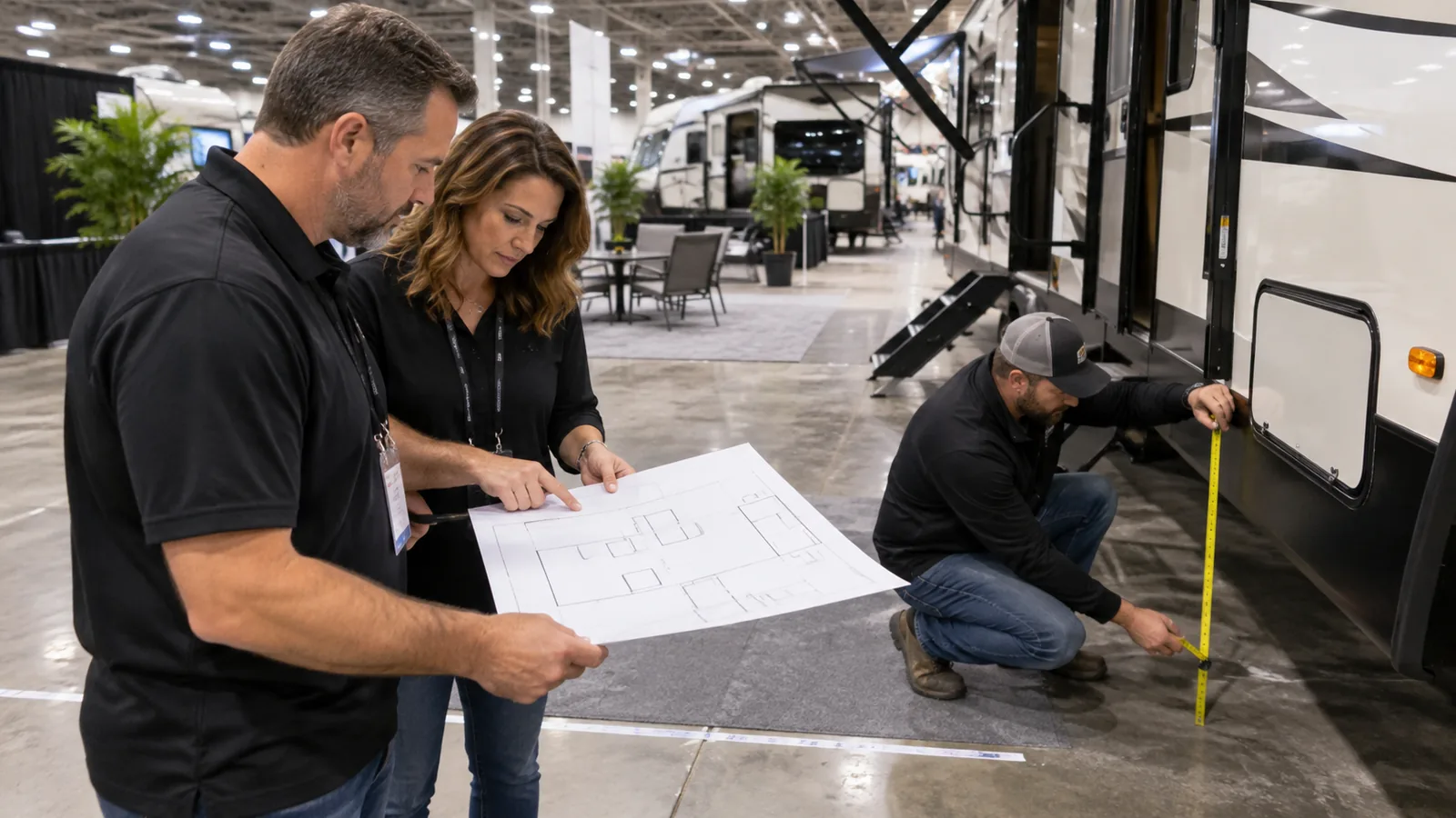 Exhibitor team checking a floor plan and measuring clearance