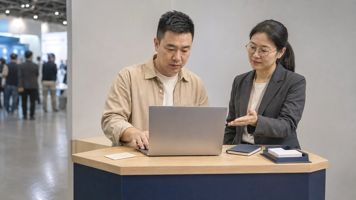 Illustrative guided software trial station with a visitor using a screen and a facilitator nearby.