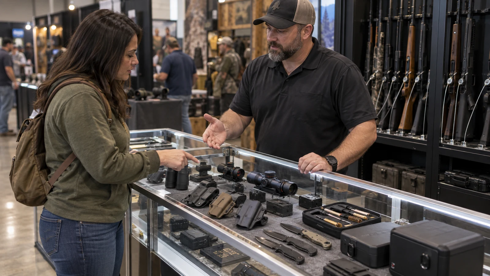 Exhibitor discussing secured optics, holsters, knives, and shooting accessories with a visitor