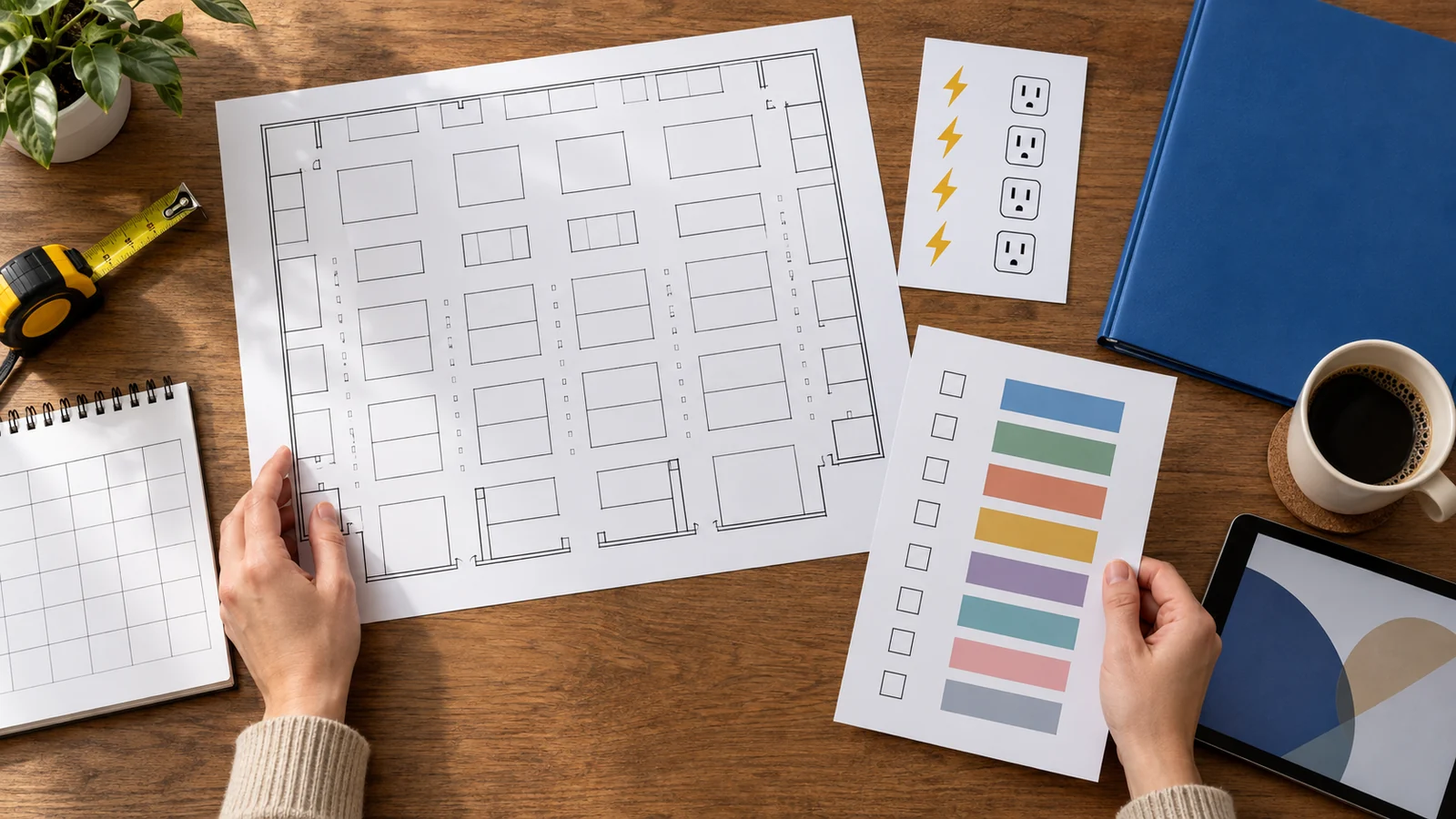 Exhibitor planning desk with venue layout, product list, power notes, and insurance documents