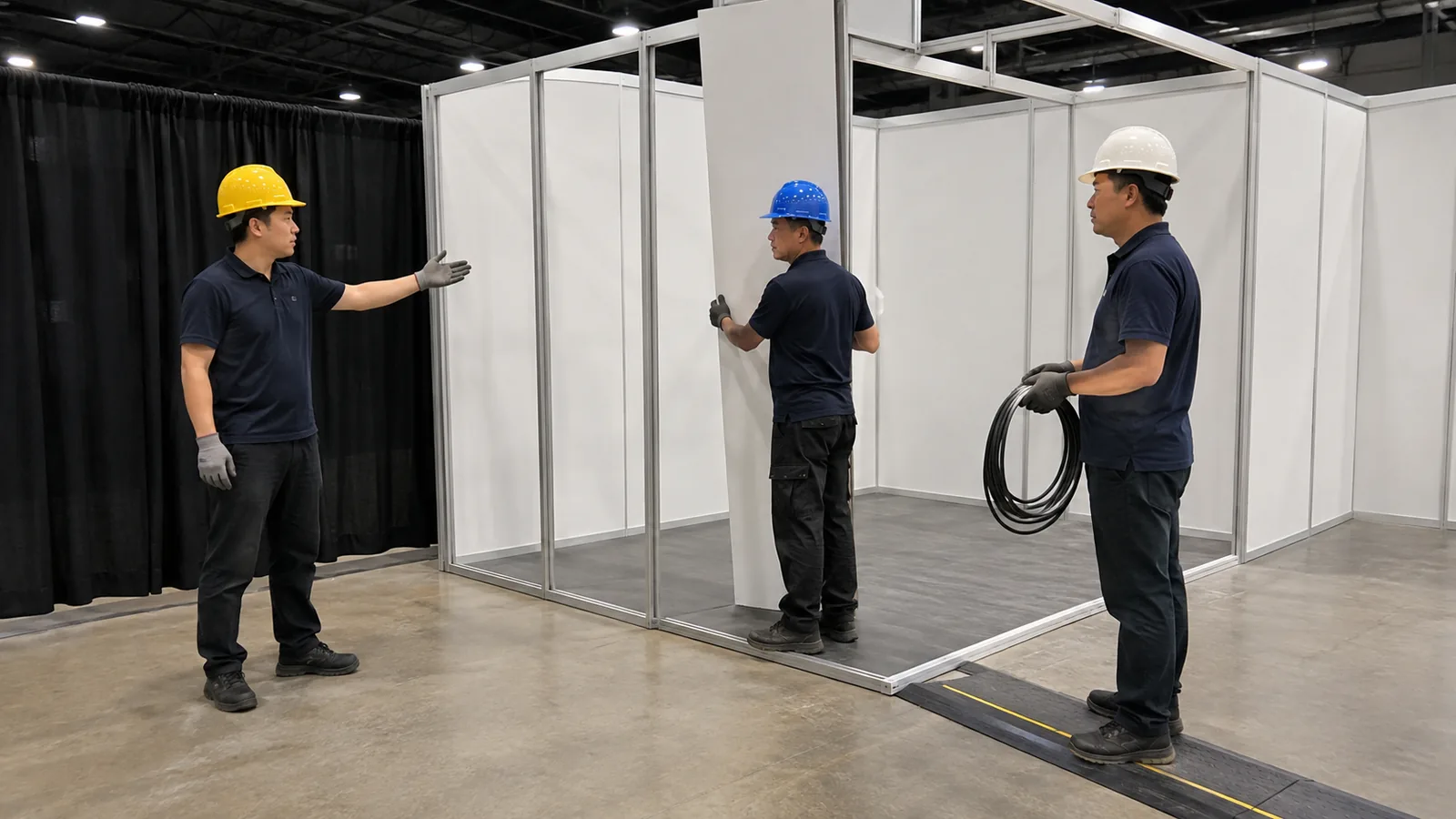 Booth lead coordinating installers and service contractors during move-in