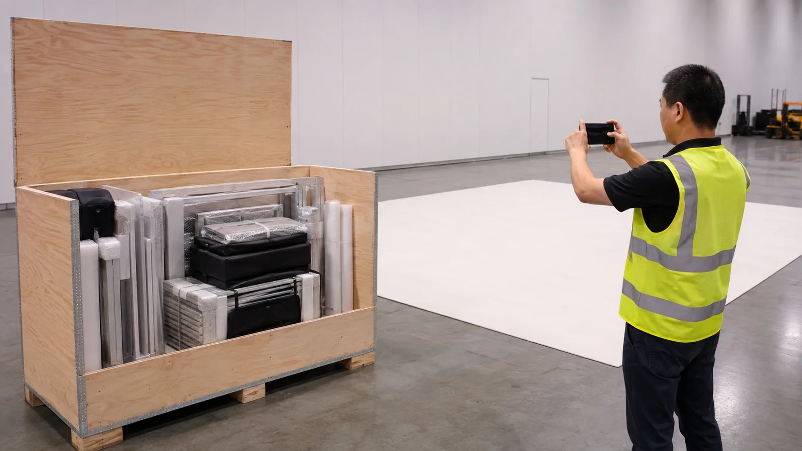 On-site lead documenting packed booth components and move-out condition
