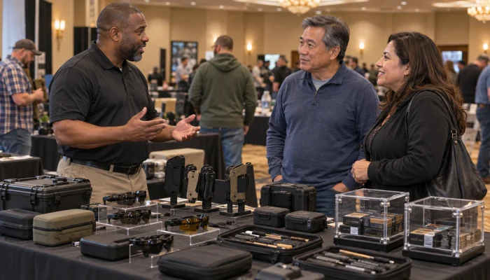 Table-led shooting-sports accessory display with an exhibitor speaking to adult visitors
