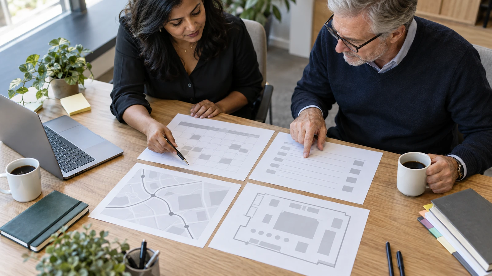 Sales team comparing a show calendar, reservation details, and travel plan at a desk