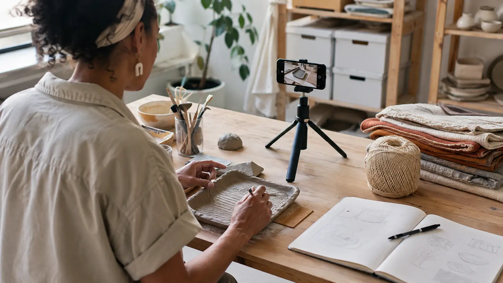 Maker photographing craft process evidence at a studio worktable